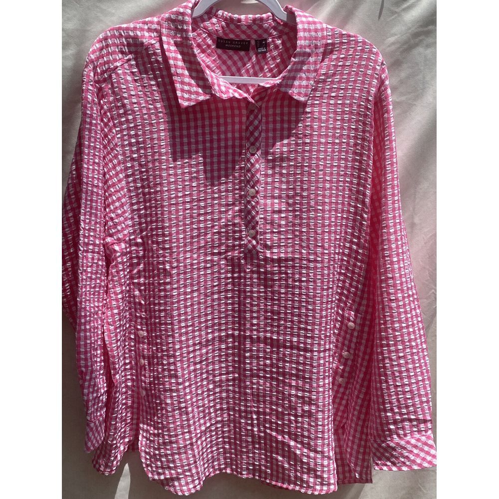 Susan Graver Weekend Yarn Dyed Check Shirt Button Placket Pink L NEW A487746